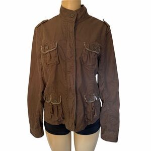 Olive green brown zip front utility jacket large